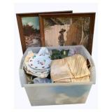 Tote of Assorted Items & Framed Prints