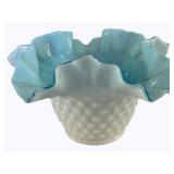Fenton Hobnail Milk Glass Ruffled Edge Bowl