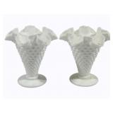 2 Fenton Milk glass Hobnail Crimped Footed Vases