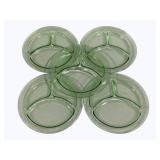 5 Green Uranium Glass Divided Plates - 9.5"