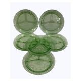 6 Green Uranium Glass Divided Plates - 10.5"