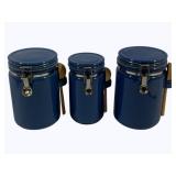 3 Blue Stoneware Canister Set w/ Spoons