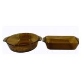 2 Amber Glass Dishes - 10.5 x 5.5, 11.5 x 9