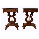 Pair Lyre Base Marble Top 1 Drawer Tables