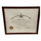 Framed 1927 Certificate - 21.5 x 17.5