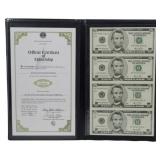 Uncut Sheet of $5 Bills with Certificate