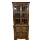 English Leaded Glass Oak Corner Cupboard