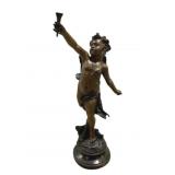 Bronze Cherub Holding Torch Statue - 21" Tall