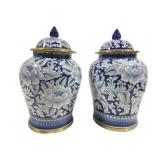 Pair Peony Decorated Porcelain Ginger Jars