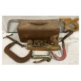 Metal Toolbox w/ Vintage Tools - 14 x 6 x 6