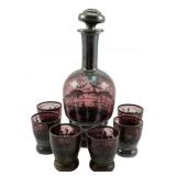 Red Glass Decanter Set w/ overlay