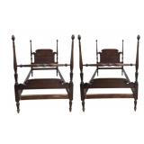 Pair Mahogany Pinecone Carved Twin Poster Beds