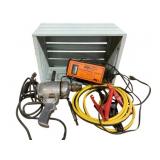 Wood Crate w Jumper cables & Drill