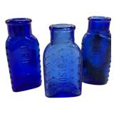 3 Vintage Blue Glass Poison Bottles - 3 1/4" Tall