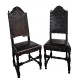 Pair Antique Embossed Leather & Walnut Chairs