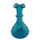 Vintage Blue Crackle Glass Vase - 7.5' Tall