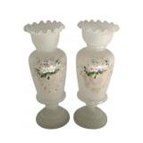 Pair Painted Glass Vases - 11.5' Tall