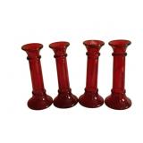 4 Red Glass Candleholders - 7' Tall