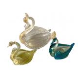 3 Venetian Art Glass Swans - 5 x 5 x 4.5