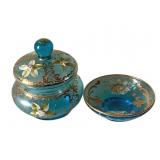 2 Blue Art Glass w/ Overlay Dresser Pieces