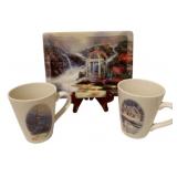 Thomas Kencade Plate w/ Stand and 2 Mugs