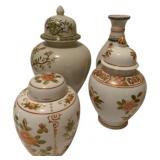 3 Hand Painted Ginger Jars and 1 Vase by Sadek