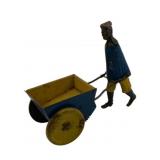 Vtg Tin Litho Wind-up Man w/ Cart Toy