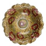 Vtg Goofus Glass Scalloped Bowl Red & Gold