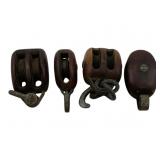 4pc Antique Wood & Iron Ship Pulleys 4.5'