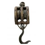 Antique Wood & Iron Double Pulley w/ Hook
