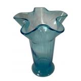 Blue Art Glass Vase w/ ruffled top Rim