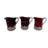 3 Red/Clear Glass Pitchers - 4' Tall