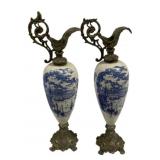 Pair Vintage Blue/White Ewers - 20.5' Tall