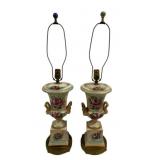 Pair Porcelain Urn Painted Lamps - 30.5' Tall