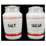Vtg Milk Glass Salt & Sugar Shakers w/ Red 5'