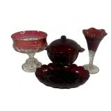 4 Assorted Red Glass & Red/Clear Glass Items