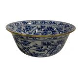 Blue & White Ceramic Bowl w/ Gold Rim 10.5'