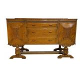 Vintage English Carved Oak Sideboard Buffet