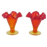 Pr Vtg Fenton Amberina Hobnail Vases 4'