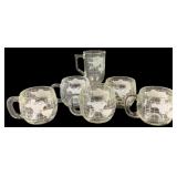 6 Glass Mugs w/ Etched World Globe - 3', 6' Tall