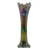 Vtg Iridescent Green Carnival Glass Vase