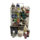 Lot Assorted Paints & Holder 18"x10"x7"