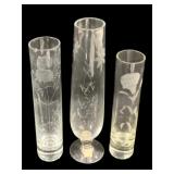 3 Etched Glass Vases - 8.75' Tall