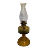 Vtg Amber Glass Oil Lamp w/ Clear Chimney