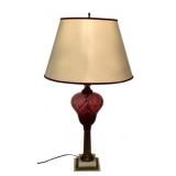 Vtg Cranberry Glass & Brass Table Lamp 26"
