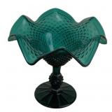 Teal Glass Diamond Point Pattern Compote - 6" Tall