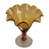 Murano Style Amber Glass Compote - 7" Tall