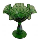 Green Glass Thumbprint Compote  - 6" Tall