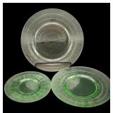 3 Uranium Green Glass Plates 9.25"