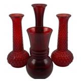 4 Red Glass Vases 9.25"